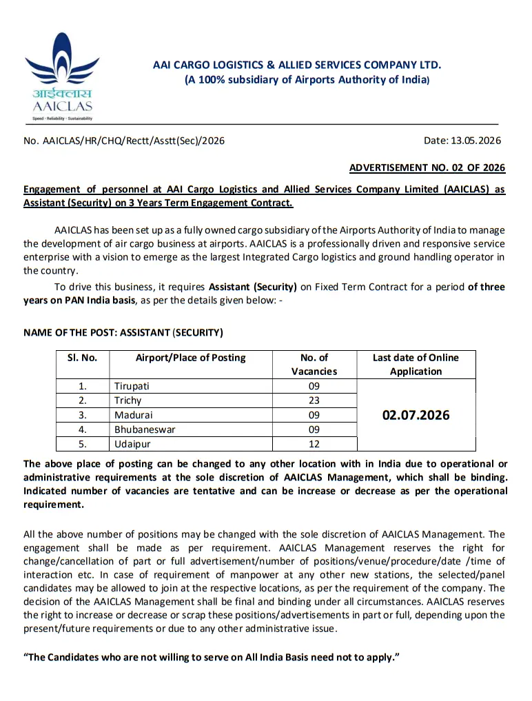 AAICLAS Assistant Security Recruitment 2026