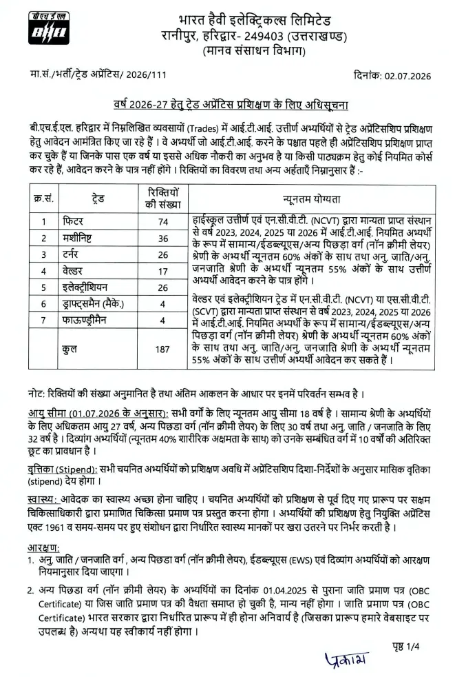 BHEL Haridwar Trade Apprentice Recruitment 2026